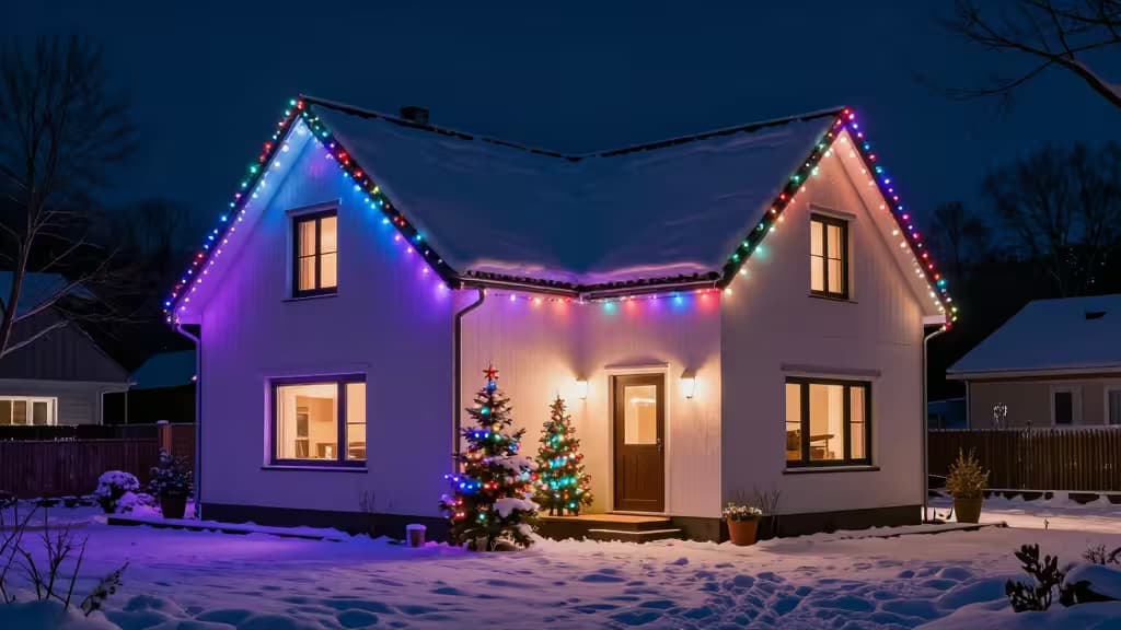 Colorful smart Christmas lights illuminate a snowy house, showcasing vibrant holiday decorations.