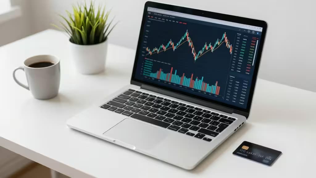 Laptop displays stock charts beside coffee cup and credit card on white desk.