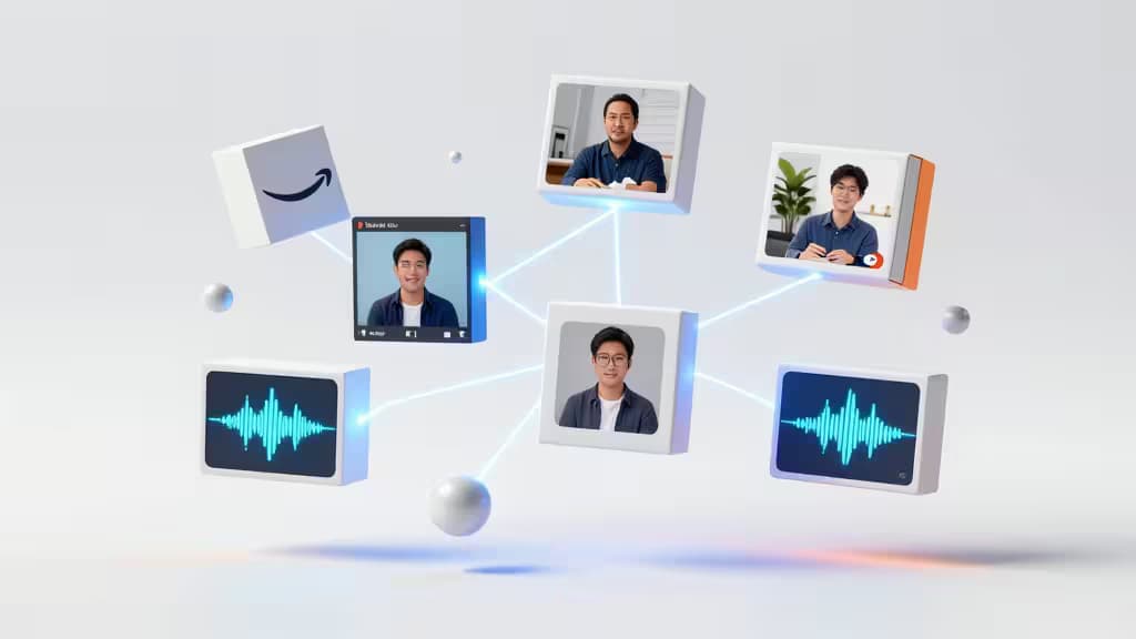 Floating white cubes with video, audio, and Amazon logo connect via glowing lines, symbolizing AI tools for Amazon FBA sellers.