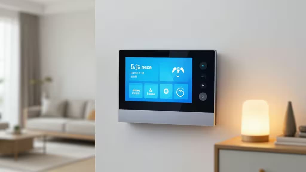Uno smart display elegante con allerte visive e sottotitoli è montato su una parete bianca, a completamento di un soggiorno moderno.