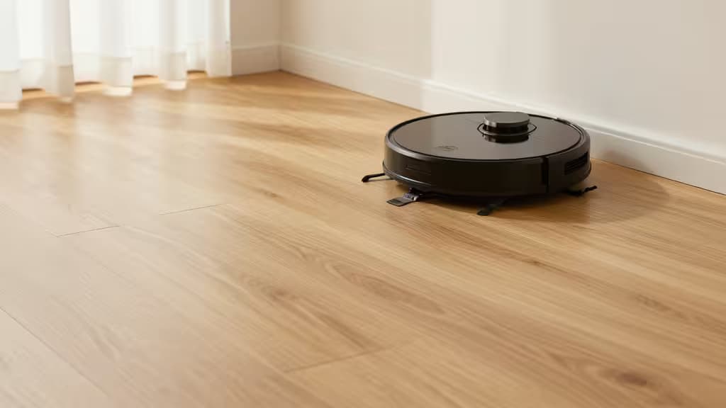 A sleek black robot vacuum glides across light oak hardwood floors near white baseboards.