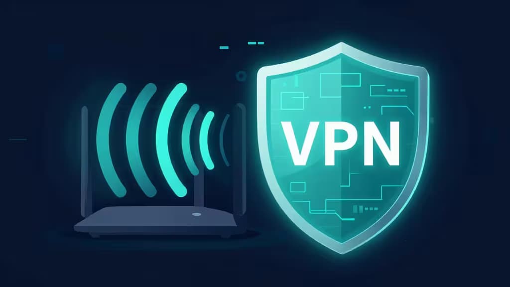 Un routeur émet des ondes Wi-Fi bleues, protégé par un bouclier lumineux VPN symbolisant le chiffrement et la sécurité réseau.