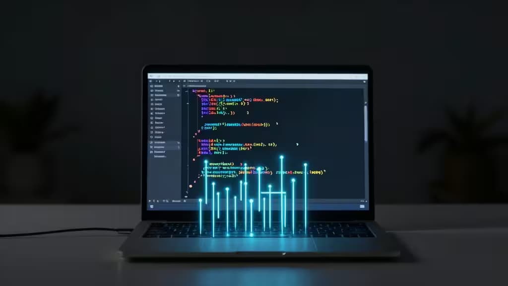 Laptop displays glowing AI-generated code with holographic data streams, set against a dark, minimalist workspace.