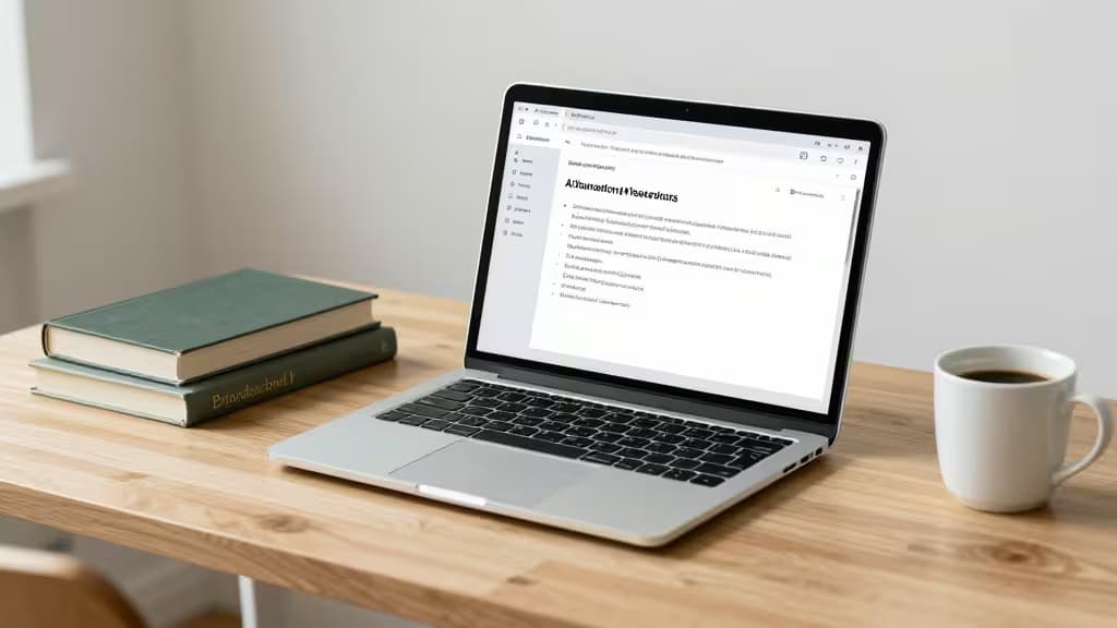 Laptop displays Polish AI writing tools beside stacked books and coffee on wooden desk.