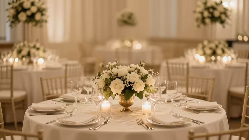 Elegant round table with white linens, gold chairs, and floral centerpiece.
