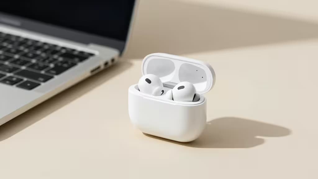 Auricolari wireless bianchi in una custodia di ricarica aperta, appoggiati su una scrivania beige accanto a un laptop.