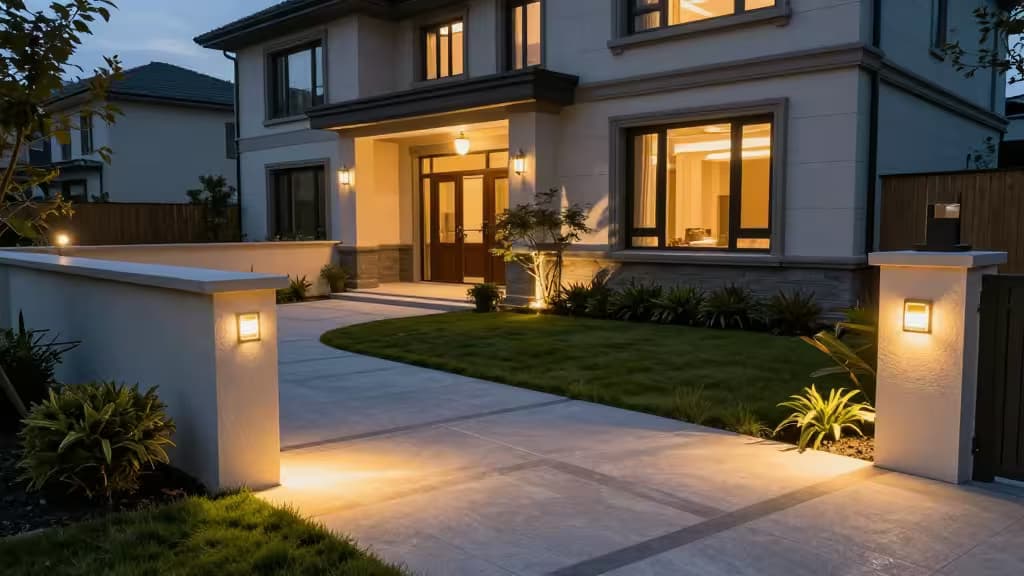 Modern home features smart LED lights illuminating stone pathway and lush garden.