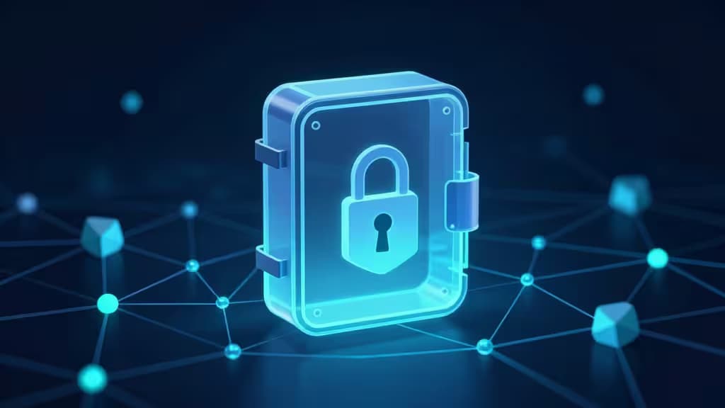 Illustration abstraite d'un coffre-fort numérique lumineux flottant au-dessus d'un réseau de nœuds blockchain interconnectés, dans des tons bleu profond et turquoise.