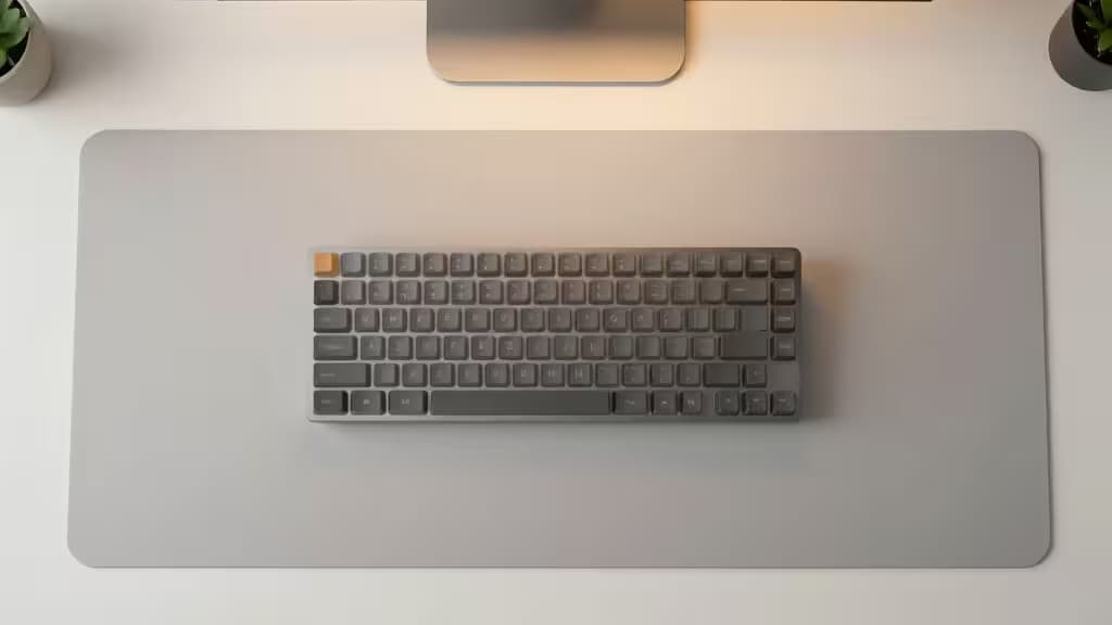 Vue abstraite d'un bureau minimaliste avec un grand tapis de bureau et un clavier mécanique en silhouette, éclairage doux et chaleureux
