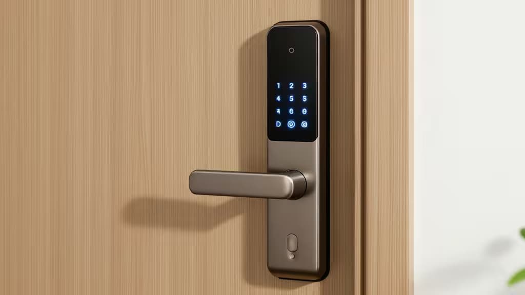 Serrure connectée métallique avec clavier lumineux montée sur une porte en bois clair.