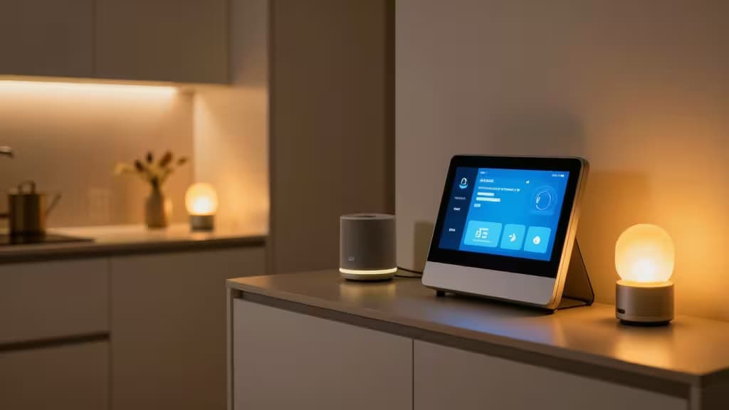 Een strak smart display en een gloeiende orbolicht verlichten een moderne woonkamer, wat visuele meldingen biedt voor slechthorende bewoners.