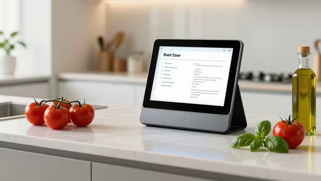 Smart display on marble countertop with tomatoes, basil, and olive oil.