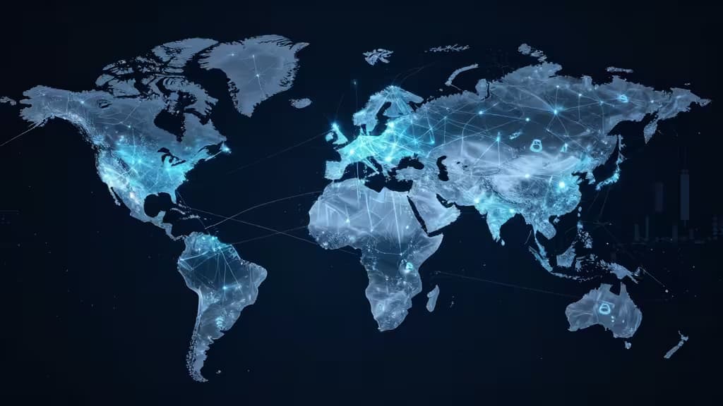 Glowing blue network nodes connect continents on a translucent world map, symbolizing secure global financial transfers.