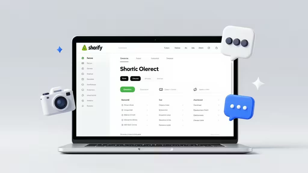 Laptop displays Shopify dashboard with floating camera and chat icons, symbolizing AI tools for store owners.