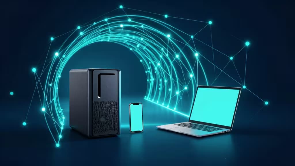 Чёрный NAS, смартфон и ноутбук соединяются светящейся циановой mesh-сетью.