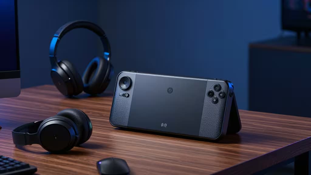 Steam Deck noir sur bureau bois, avec casques audio noirs à proximité.