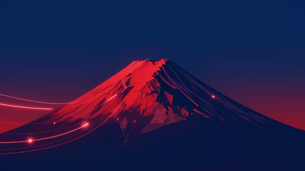 Glowing red data streams flow across a stylized Mount Fuji, symbolizing high-speed VPN connectivity for accessing Japanese streaming content.