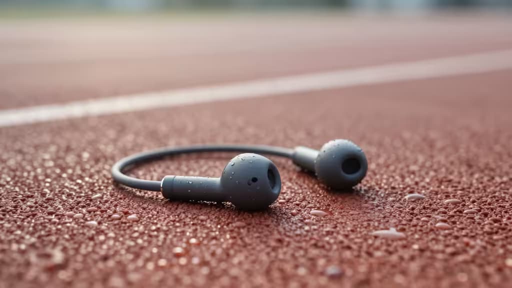 Auricolari sportivi neri opachi con gocce di sudore appoggiati su una pista di corsa in gomma rossa, i ganci flessibili visibili contro la superficie texturizzata.