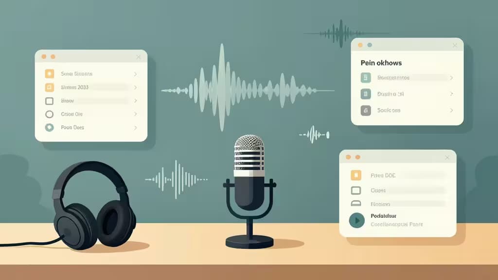Microfono e cuffie circondati da forme d'audio fluttuanti e finestre di interfaccia su una scrivania.