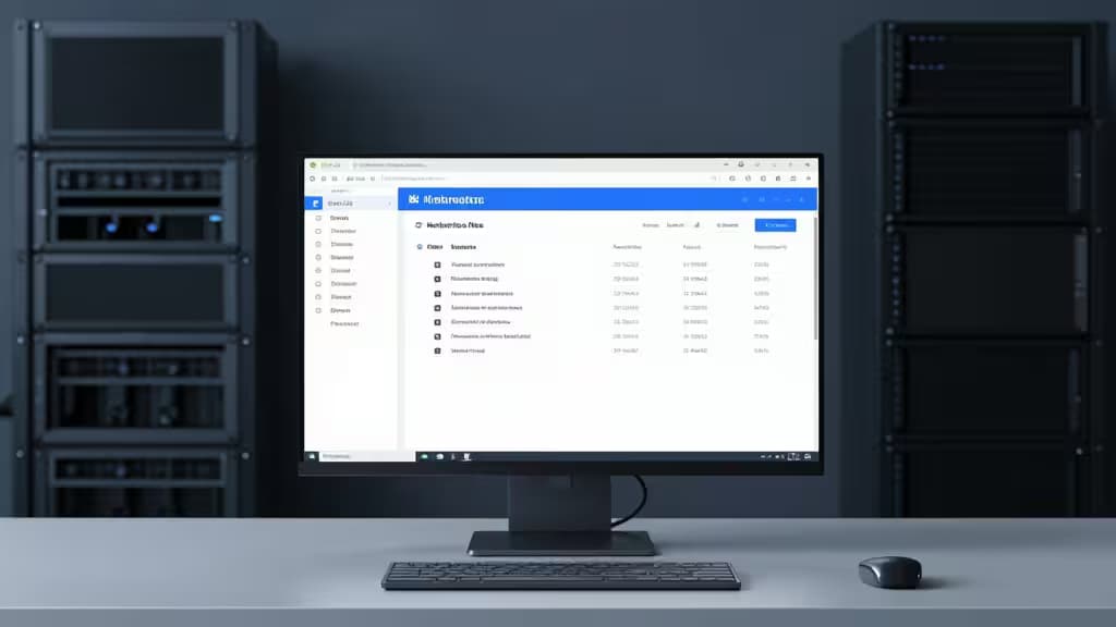 Minimalistyczne biurko z monitorem wyświetlającym dashboard Kubernetes, obok szafy serwerowej w stonowanej kolorystyce.