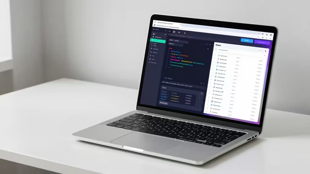 Silver laptop displays dark-mode database GUI with code editor and table view on white desk.