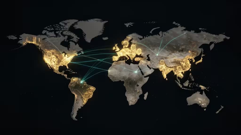 Abstract visualization of glowing financial data streams connecting continents across a dark world map, representing international money transfers