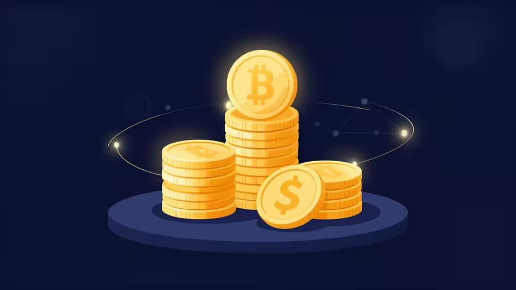 Glowing gold Bitcoin and dollar coins stack on a dark platform, orbiting digital nodes symbolizing crypto staking rewards in 2026.