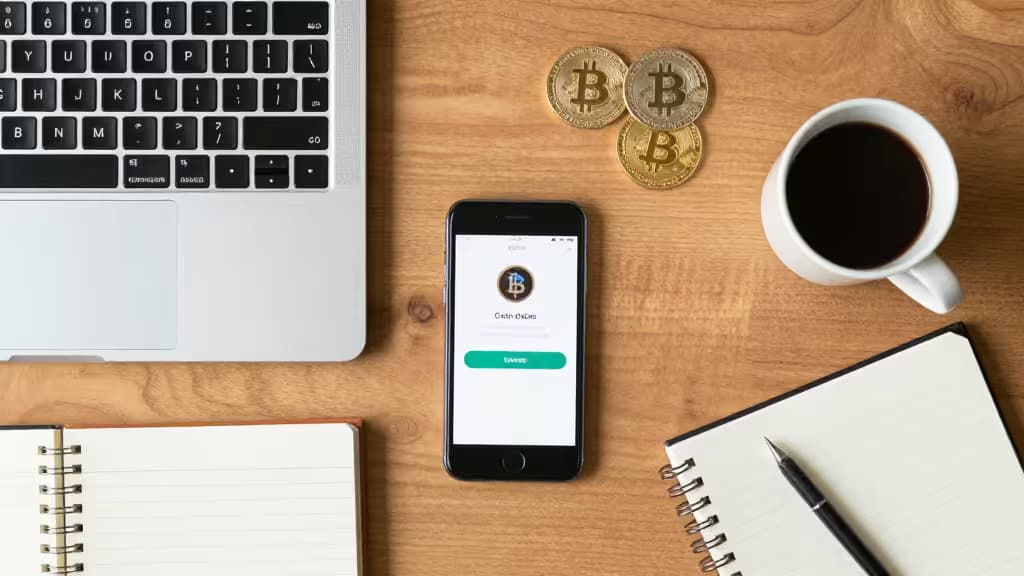 Un laptop, uno smartphone che mostra un'app crypto, monete Bitcoin, tazza di caffè e quaderni su una scrivania di legno.