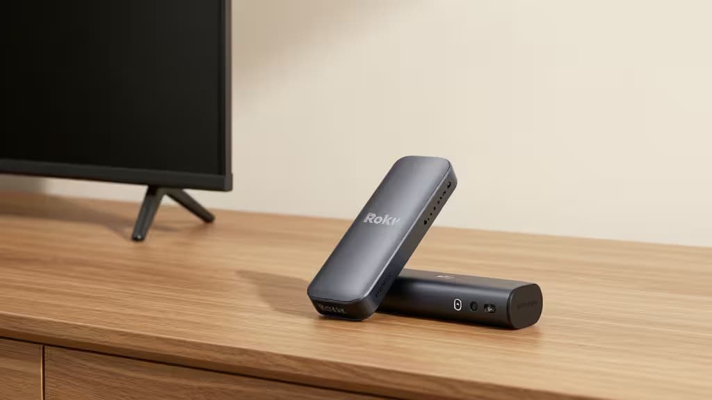 Dos dispositivos Roku y Fire TV Stick sobre una mesa de madera junto a un televisor moderno, con luz cálida de sala de estar