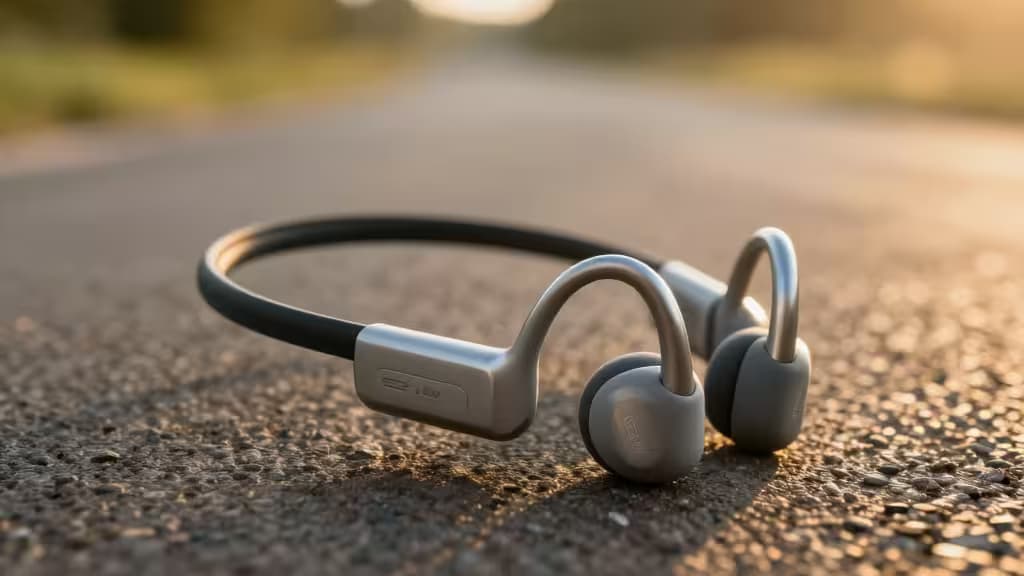 Sweat-resistant titanium bone conduction headphones rest on asphalt, open-ear design preserving traffic awareness during outdoor runs.