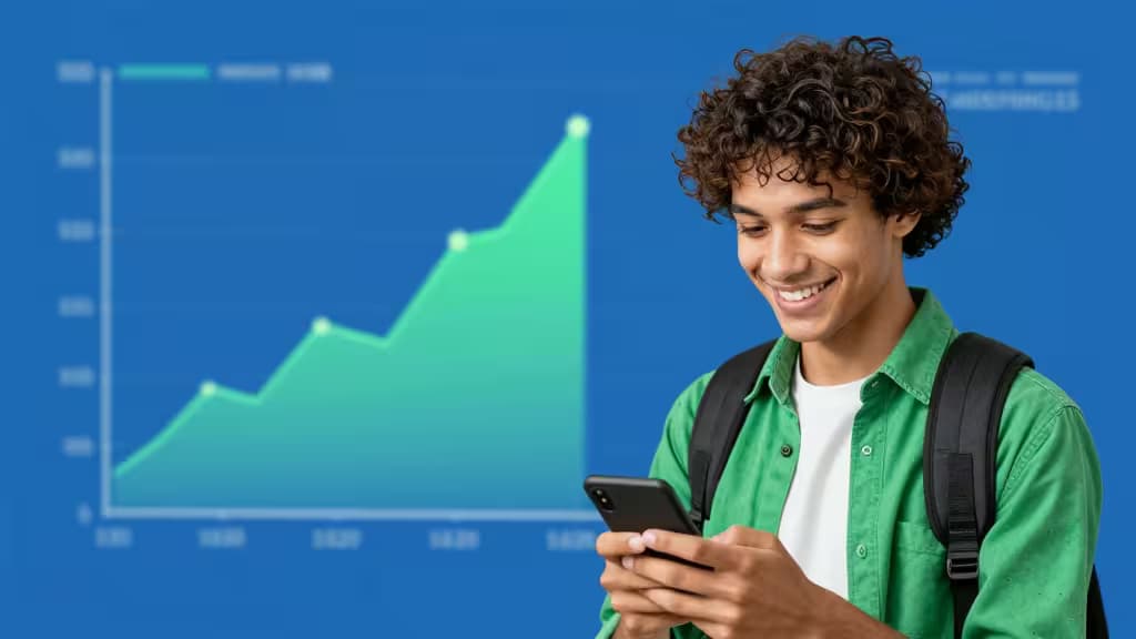 Estudante sorrindo com mochila olhando o celular, gráfico verde de crescimento ao fundo representando economia e rendimento