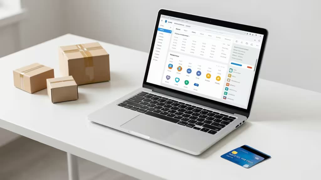 Srebrny laptop wyświetla pulpit e-commerce obok kartonowych paczek i niebieskiej karty kredytowej na białym biurku.