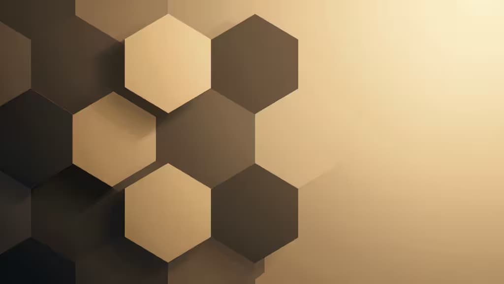 Hexagonal panels in warm gold and dark gray create a modern, structured backdrop for crypto tax guidance.