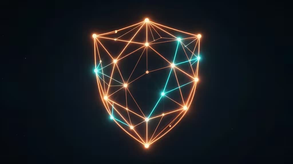 Un bouclier géométrique lumineux avec des nœuds interconnectés symbolisant le trading crypto décentralisé et sécurisé pour les utilisateurs soucieux de leur confidentialité.