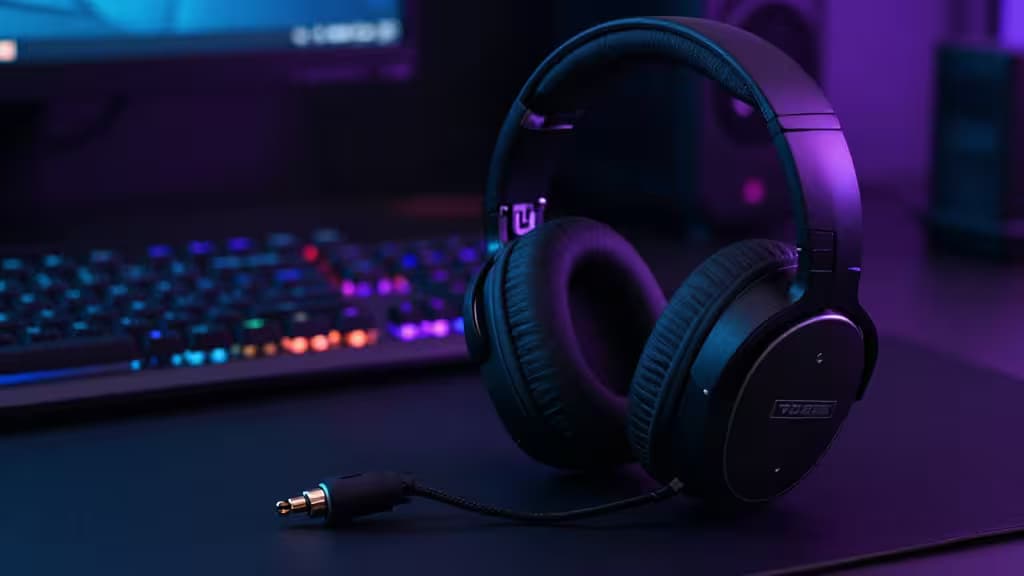Headset gaming over-ear negro con conector 3.5mm sobre escritorio con iluminación RGB púrpura y teclado de fondo.