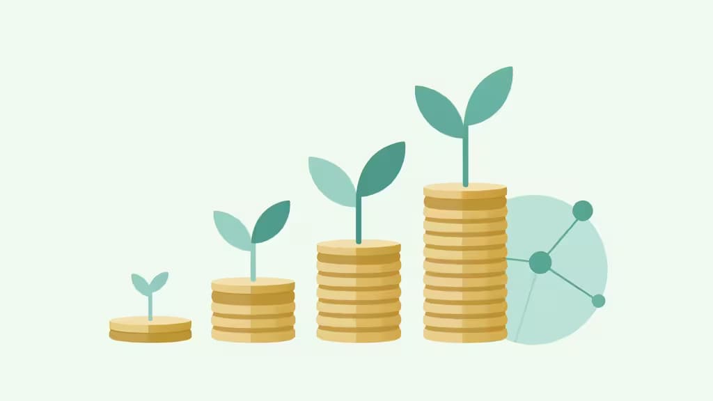 Four ascending gold coin stacks sprout teal seedlings, symbolizing nonprofit financial growth against a soft background.
