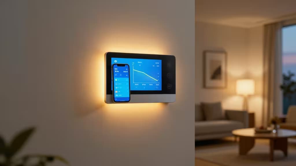 Termostato inteligente de pared con pantalla táctil que muestra datos de consumo energético en tiempo real para una gestión eficiente de la electricidad del hogar.