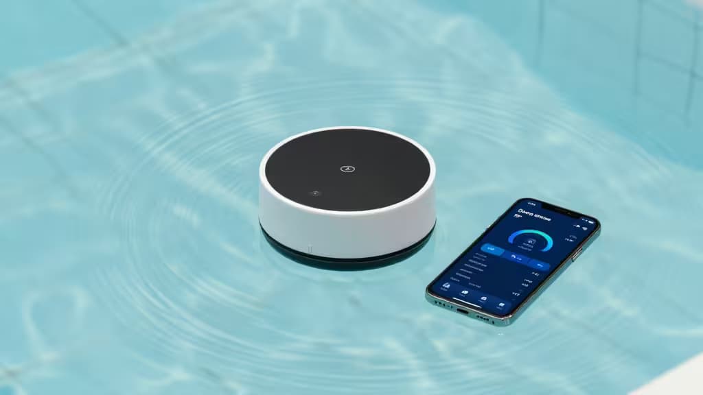Monitor inteligente de água a flutuar numa piscina cristalina, com smartphone próximo a mostrar dados de química da água