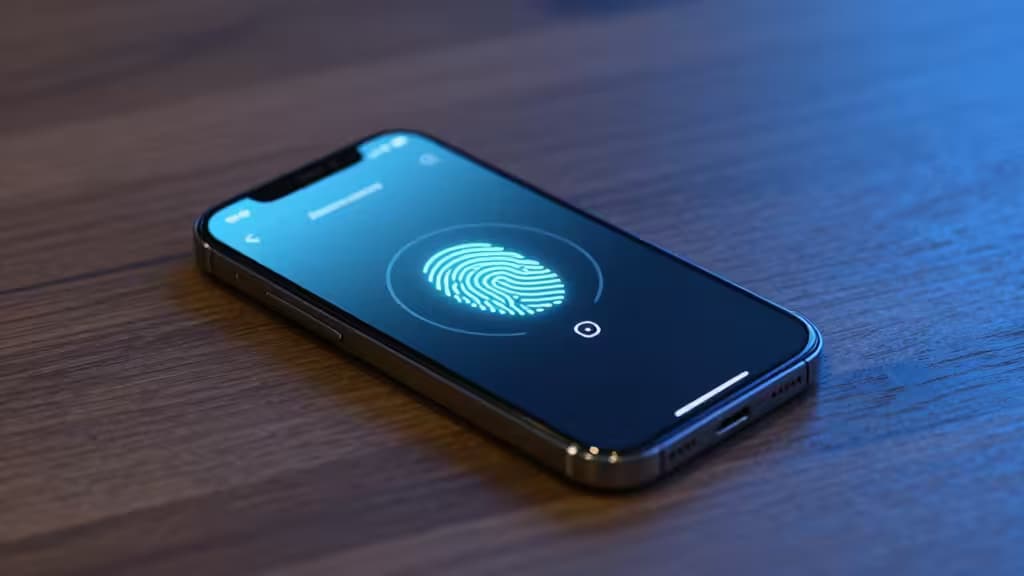 A smartphone on a wooden surface displays a glowing fingerprint icon for biometric unlock.