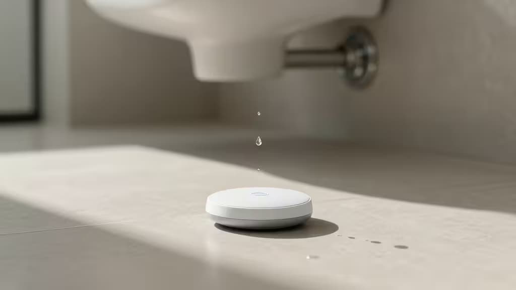 White circular sensor rests on beige tile beneath dripping sink, capturing falling water droplets in sharp focus.