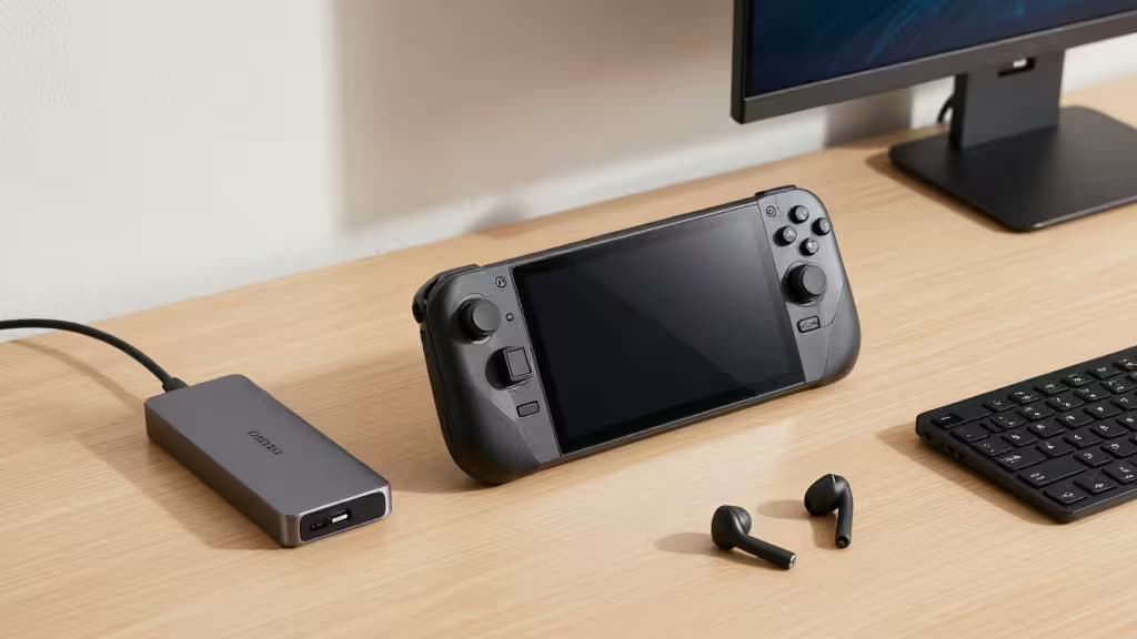 Steam Deck rests beside USB-C hub, earbuds, and compact keyboard on wooden desk.