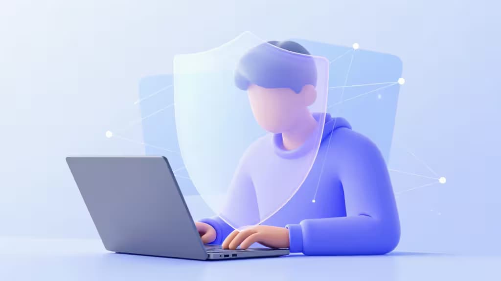 A student types on a laptop, shielded by a translucent digital security shield with network nodes.