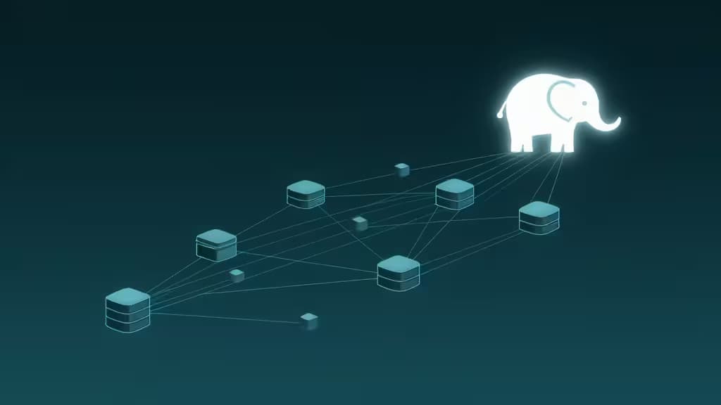 A glowing white PostgreSQL elephant icon connects via thin lines to multiple teal database cylinders on a dark gradient background.