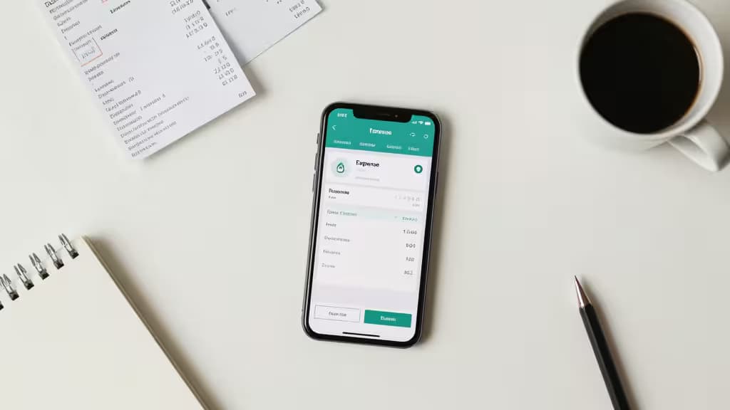 Vue de dessus d'un bureau de freelance avec un smartphone affichant une application de suivi des dépenses, des reçus épars, un carnet et une tasse de café en lumière naturelle douce.