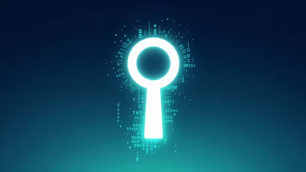 Abstrakte Darstellung eines digitalen Tresors: ein leuchtendes Schlüsselloch löst sich in Lichtpartikel auf, umgeben von verschlüsselten Code-Fragmenten auf blau-türkisem Hintergrund.