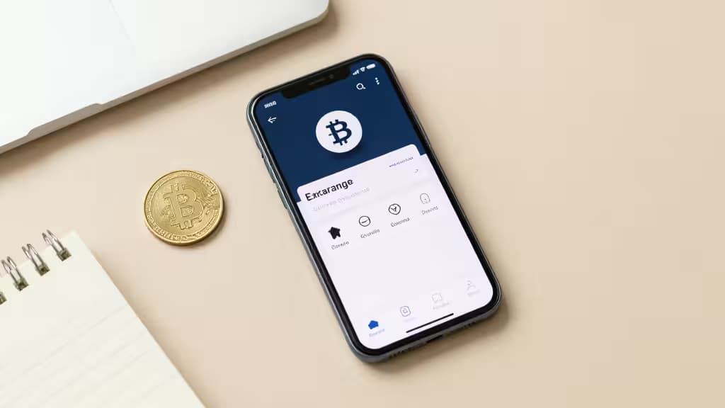 Smartphone displays crypto app beside gold Bitcoin coin and spiral notebook on beige desk.
