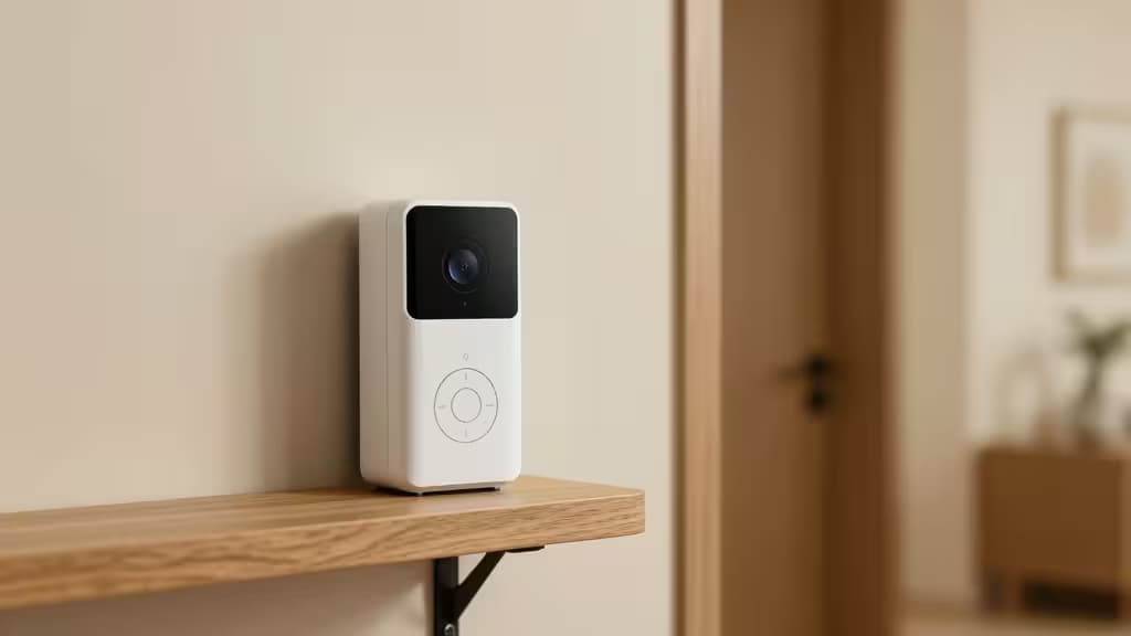 White smart doorbell chime with black camera lens sits on light oak shelf in modern hallway.