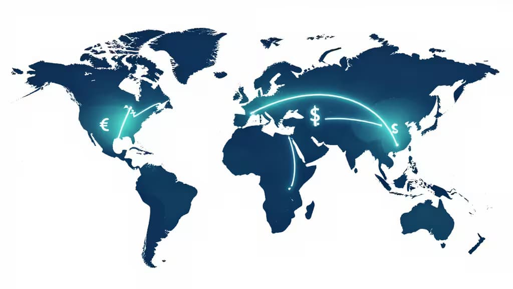 Mappa mondiale stilizzata con linee di connessione luminose tra continenti e simboli valutari, rappresentante pagamenti internazionali per aziende