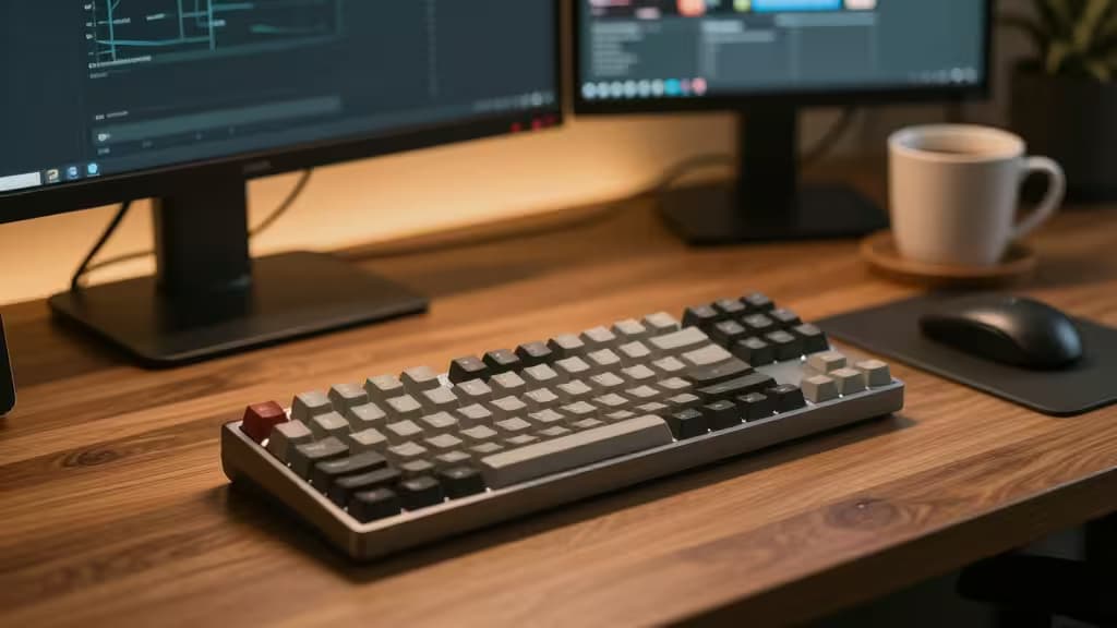 Un clavier mécanique compact avec des touches de couleurs variées posé sur un bureau en bois, à côté de deux écrans et d'une tasse de café.