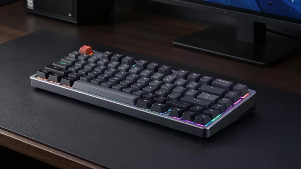 A slim low-profile mechanical gaming keyboard photographed from a low side angle on a dark desk with subtle RGB backlighting.